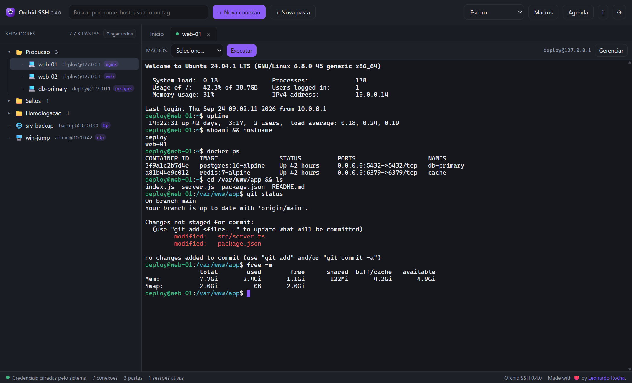 Terminal SSH do Orchid SSH com uma sessão ativa executando uptime, docker ps, git status e free -m