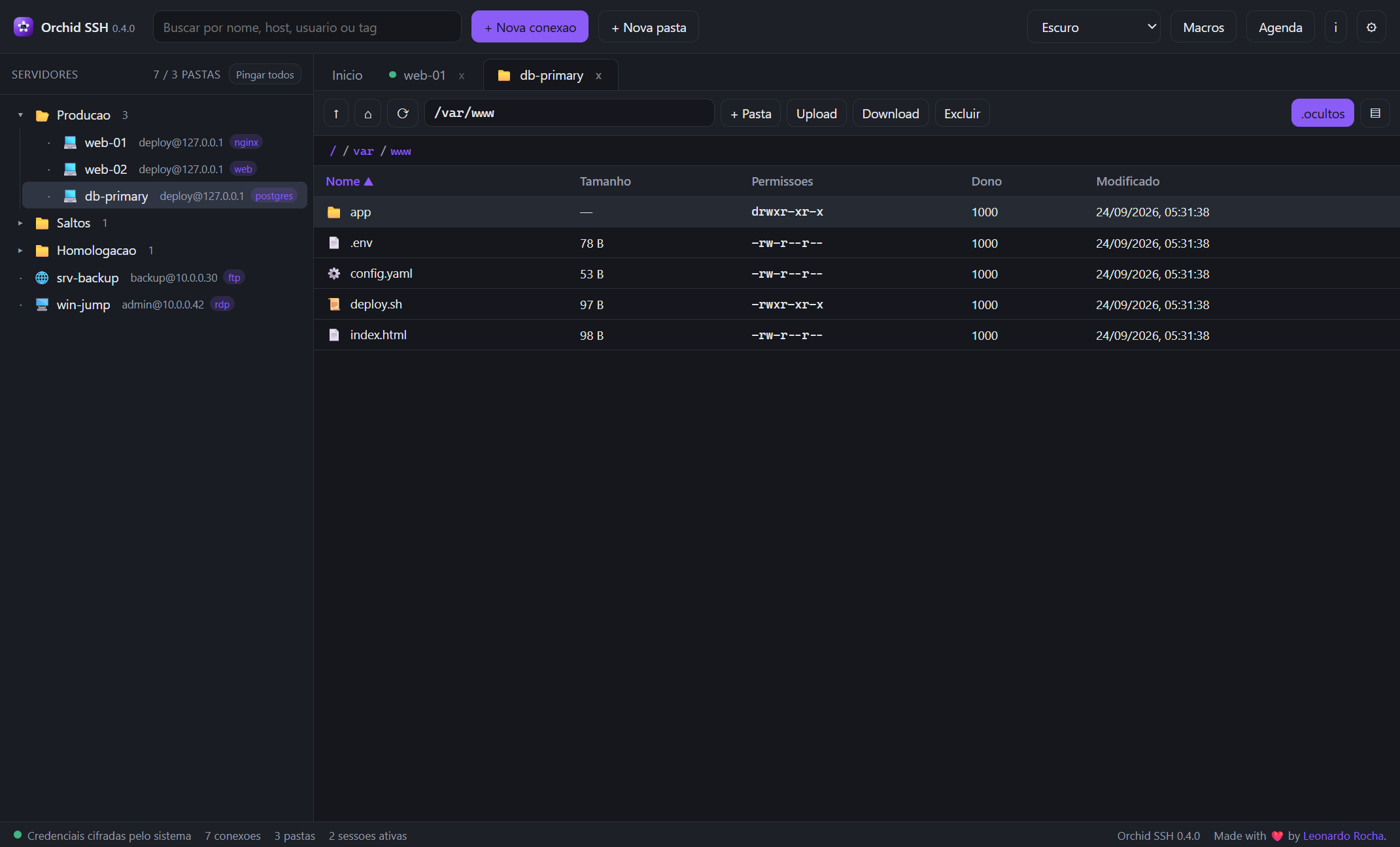 Gerenciador de arquivos remoto do Orchid SSH listando /var/www com app, .env, config.yaml, deploy.sh e index.html