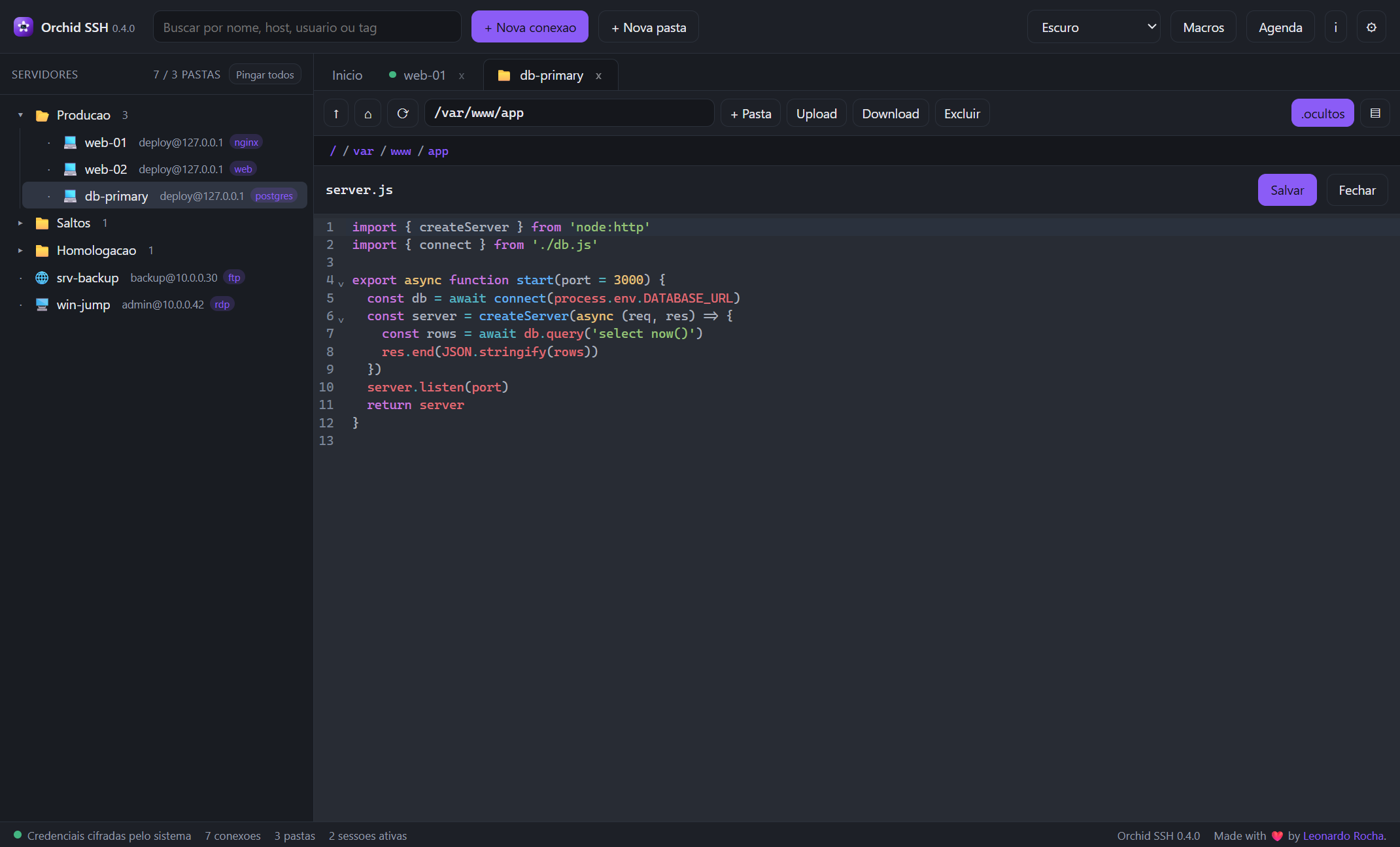 Editor de código embutido do Orchid SSH aberto em server.js, com realce de sintaxe